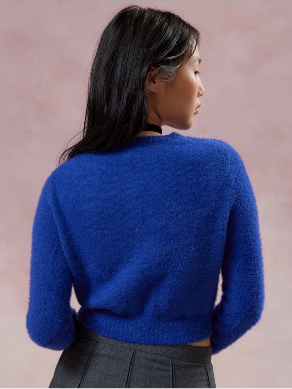 Kimchi Blue Royal Blue Fuzzy Button-Up Crop Cardigan - Picture 3 of 7